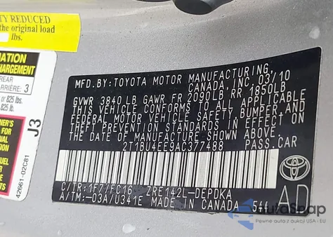 2010 Toyota Corolla Le из США, поврежденный, VIN 2T1BU4EE9AC377488